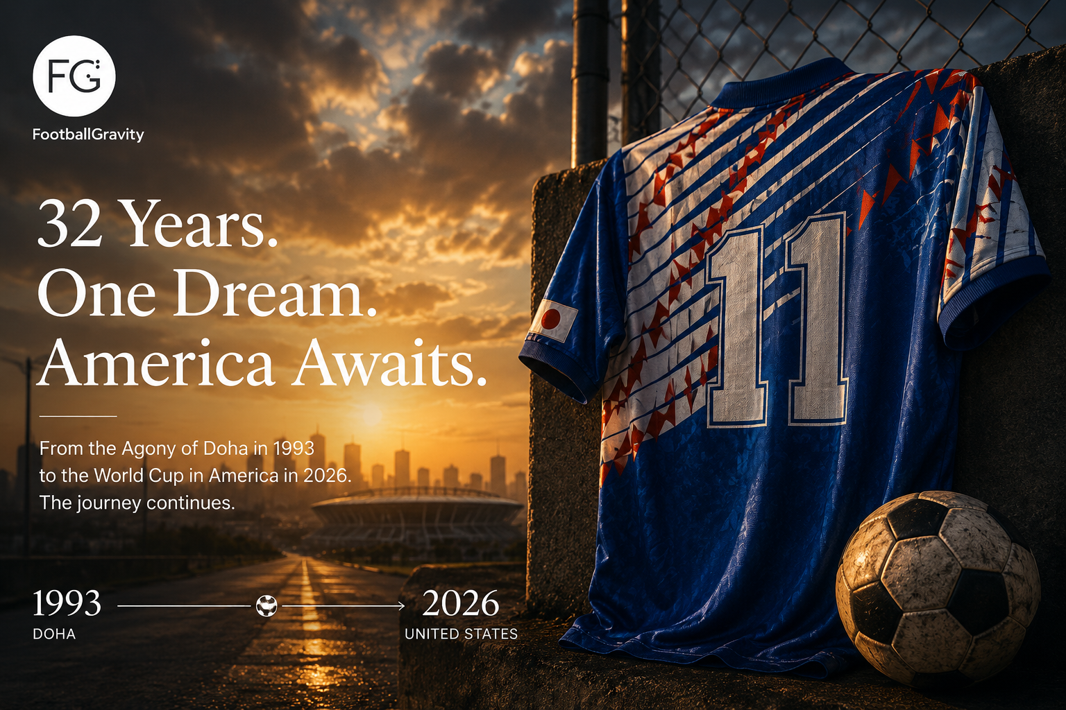 A football supporter wearing a vintage number 11 jersey looking toward a distant stadium under an American sunset sky
