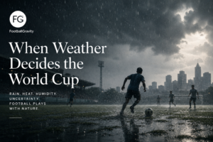 Children playing football in the rain under dramatic skies during a stormy World Cup-inspired atmosphere