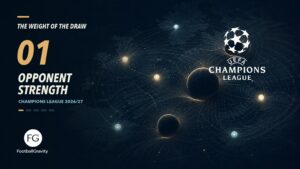 An AI-generated editorial illustration of eight football fixtures as unequal gravitational fields across an abstract map of Europe, with The Weight of the Draw title, the UEFA Champions League mark and the FootballGravity logo.