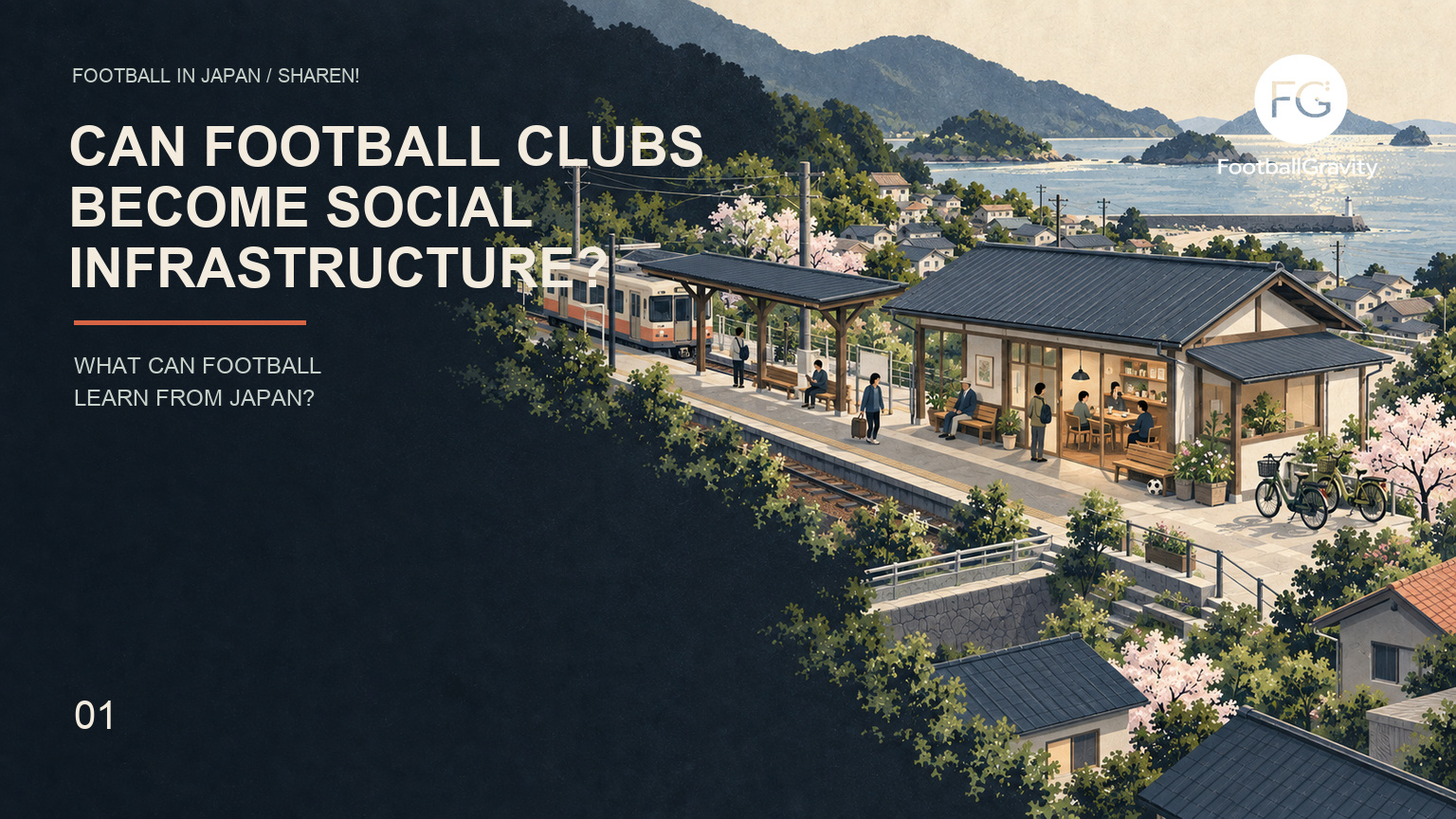 An AI-generated editorial illustration of an abstract Japanese town where a railway station, community buildings and football pitches are linked by public paths.