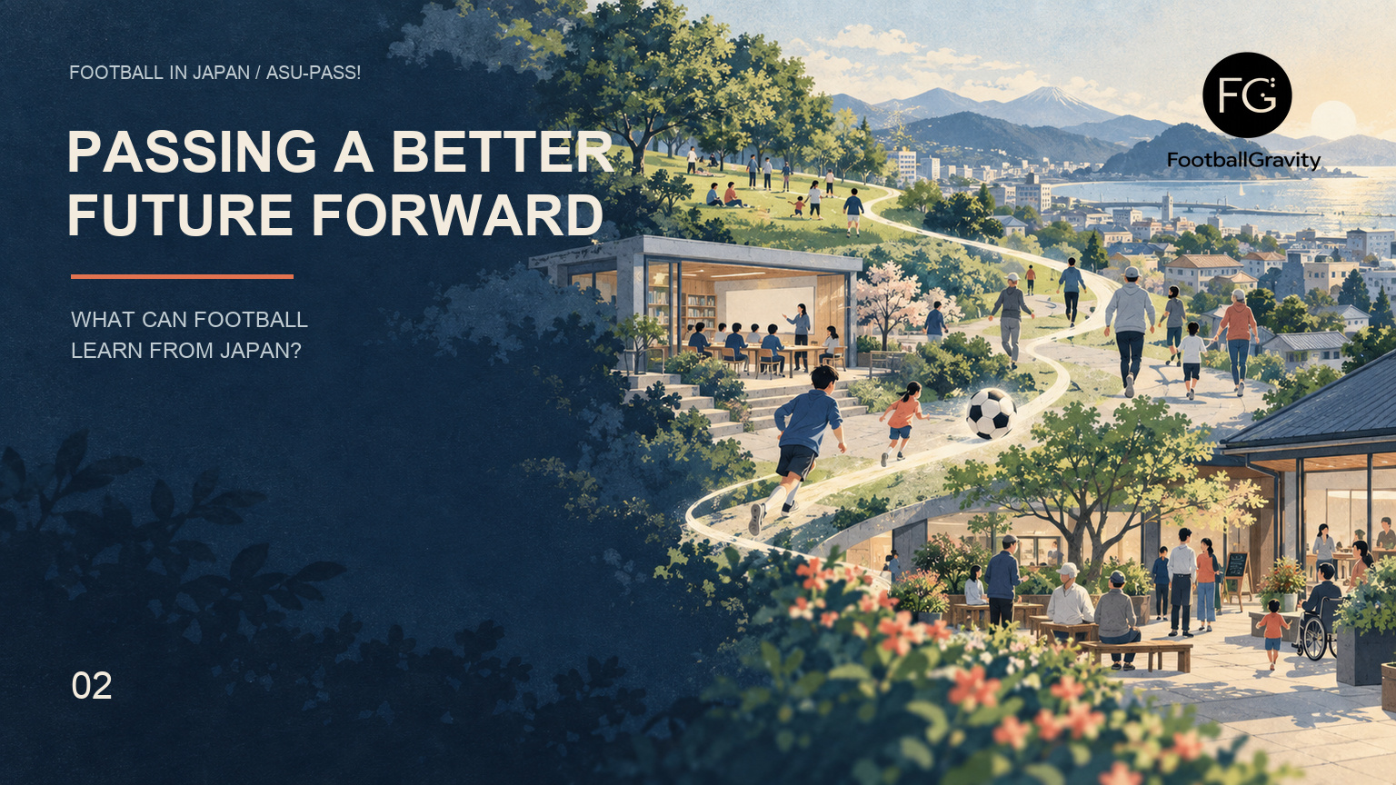 An AI-generated editorial illustration of a football pass connecting green space, learning, exercise and community life in an abstract Japanese town.