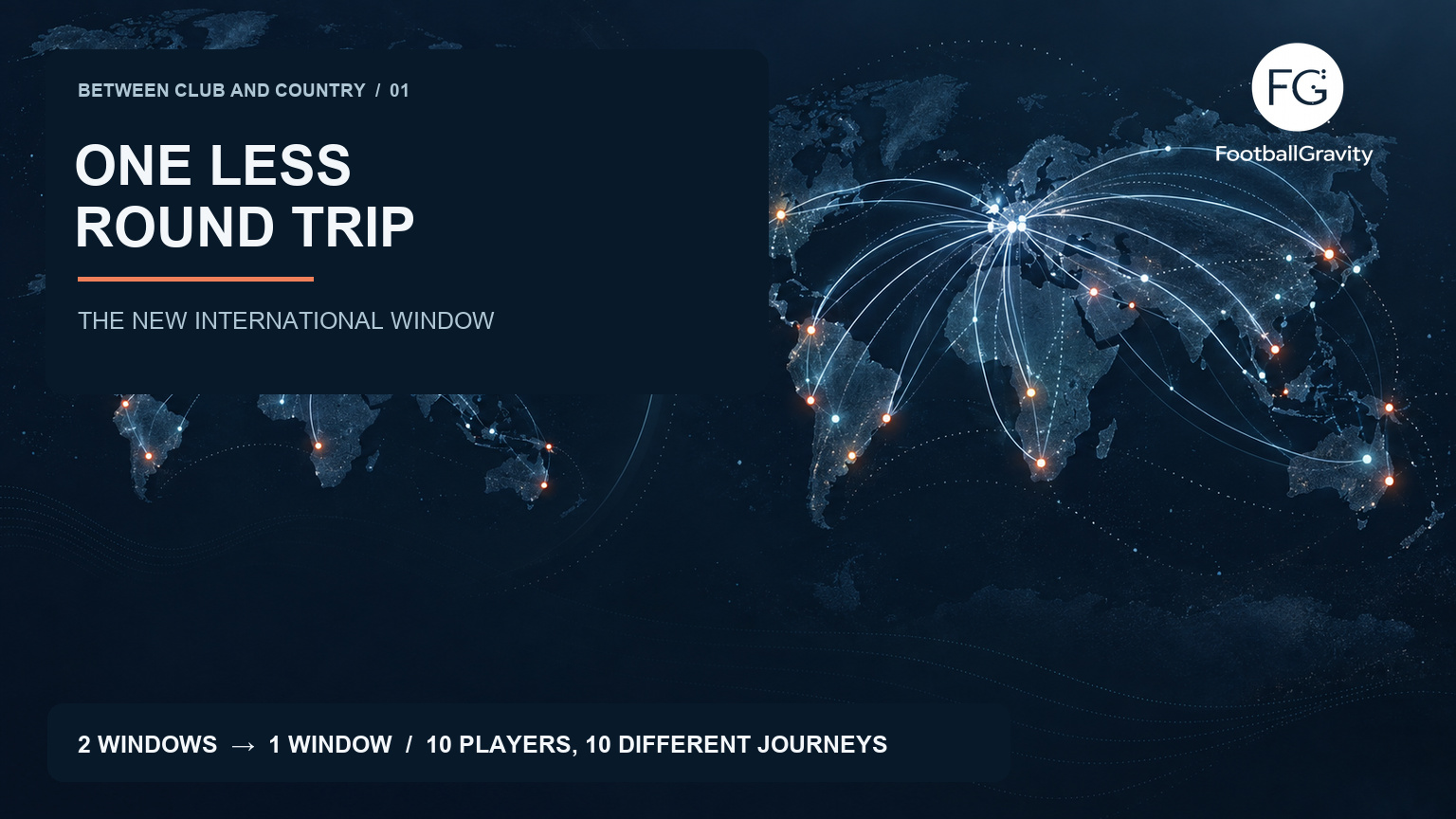 An AI-generated abstract editorial map showing two separate clusters of international travel routes becoming one continuous route network, with the article title and FootballGravity logo.