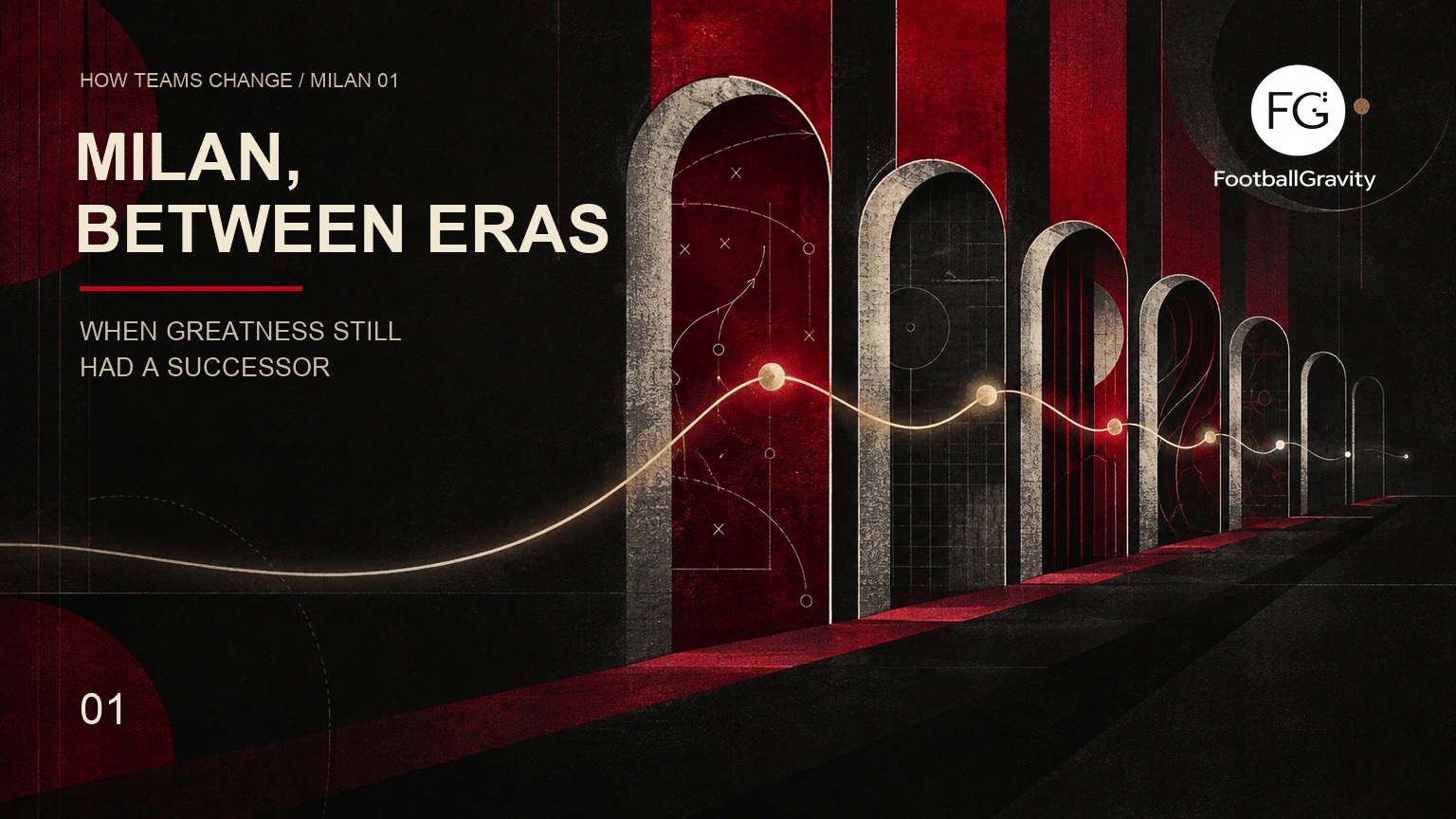 An abstract editorial illustration in charcoal, oxblood red and ivory, with arches and a luminous thread representing AC Milan passing knowledge between football eras.