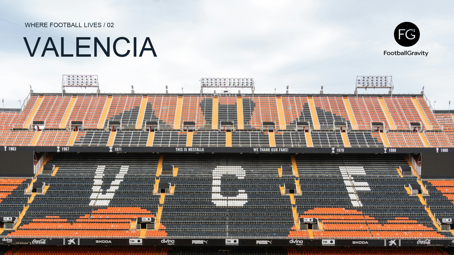 An empty Mestalla stand spelling VCF, with Valencia series typography and the FootballGravity logo.