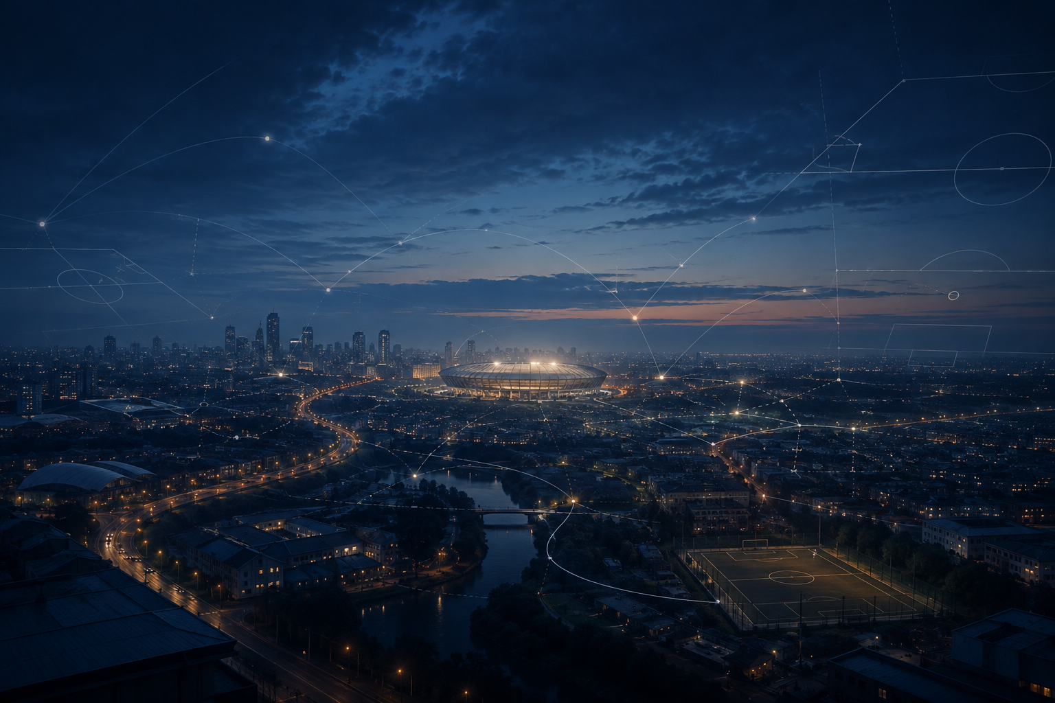 AI-generated editorial illustration of a football city at blue hour, stadium lights and fixture routes for FootballGravity’s new-season homepage.