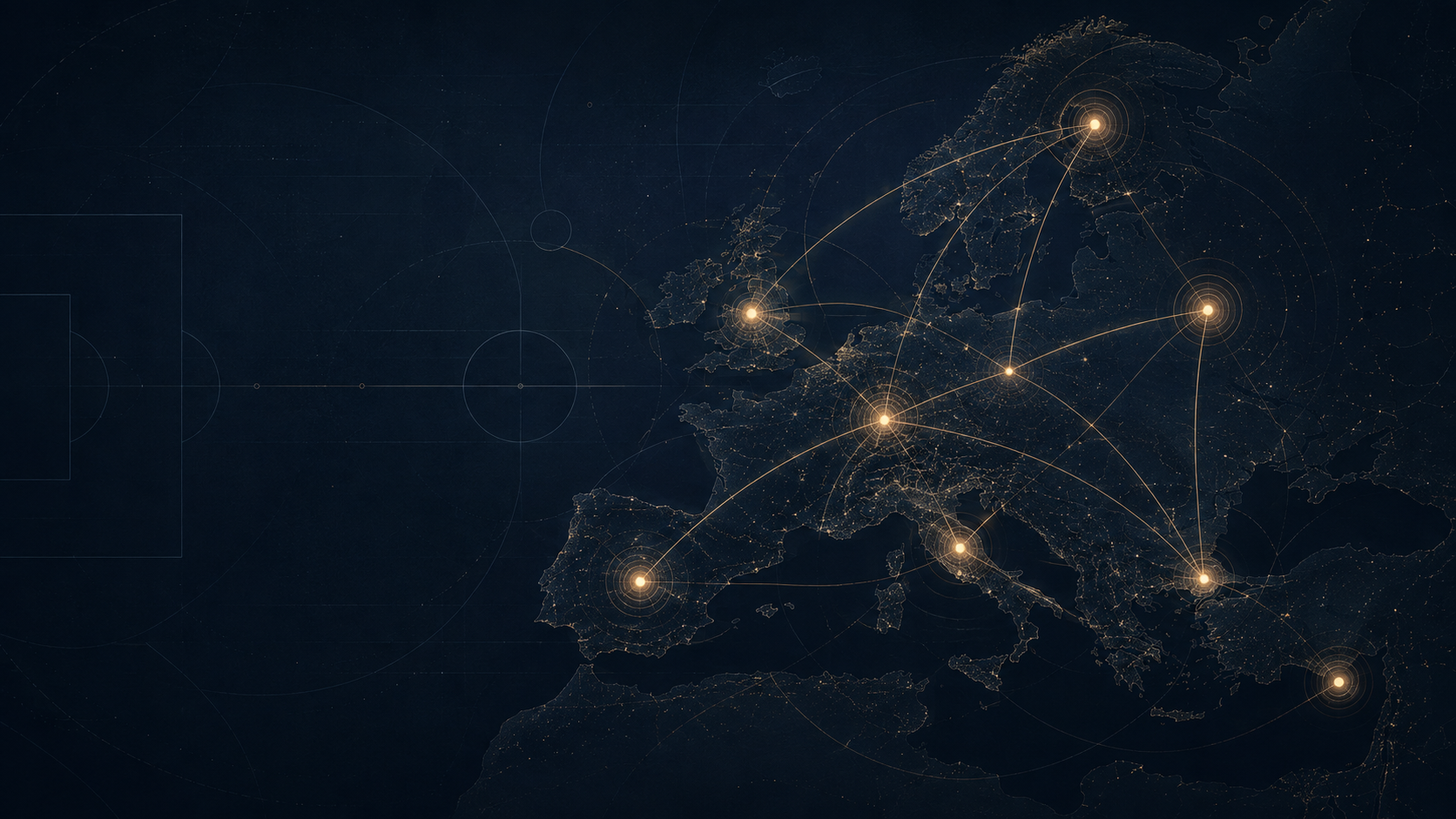 AI-generated editorial illustration of European football connections, fixture routes and gravitational fields for The Weight of the Draw special report.