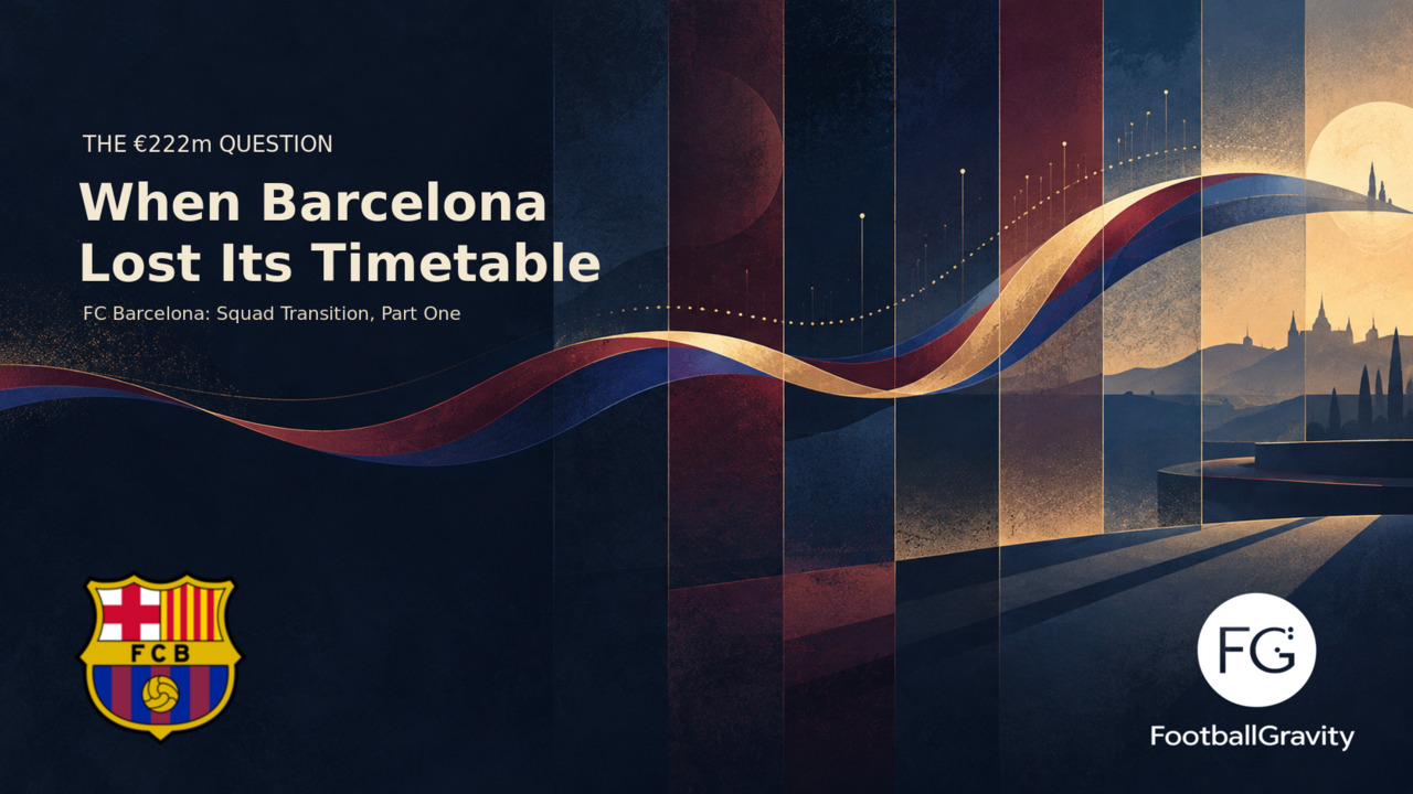 An abstract editorial illustration in midnight blue, burgundy and gold about Barcelona’s squad transition, featuring the official FC Barcelona crest and the FootballGravity logo.