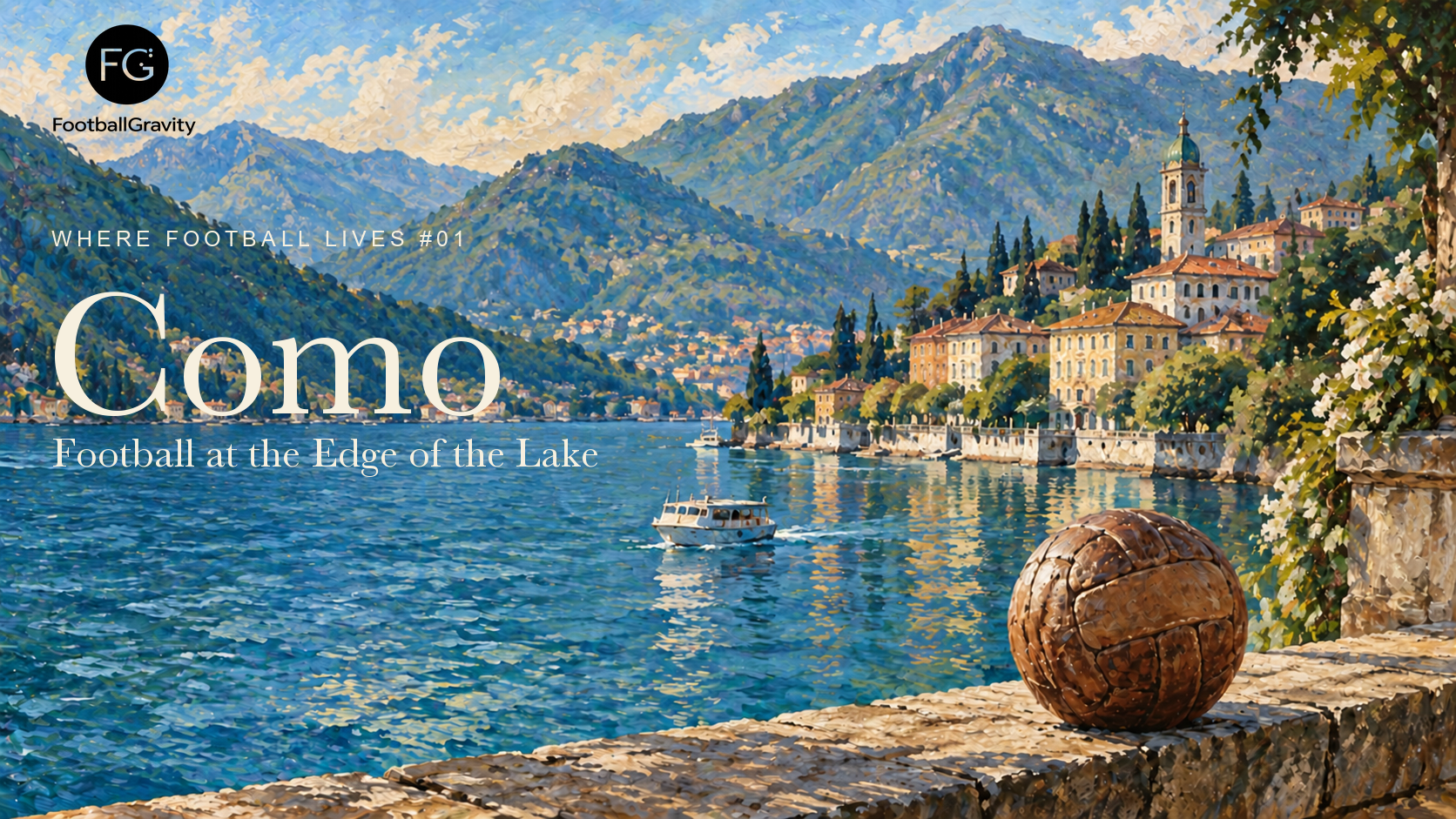 Lake Como-inspired oil-painting-style illustration with the official FootballGravity logo and Como series title.